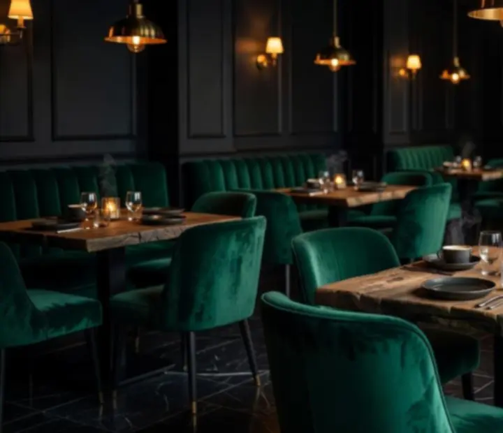 Félhomályos, elegánsan megvilágított bistro tér mélyzöld textilekkel és faasztalokkal a Valasztaspluszban.