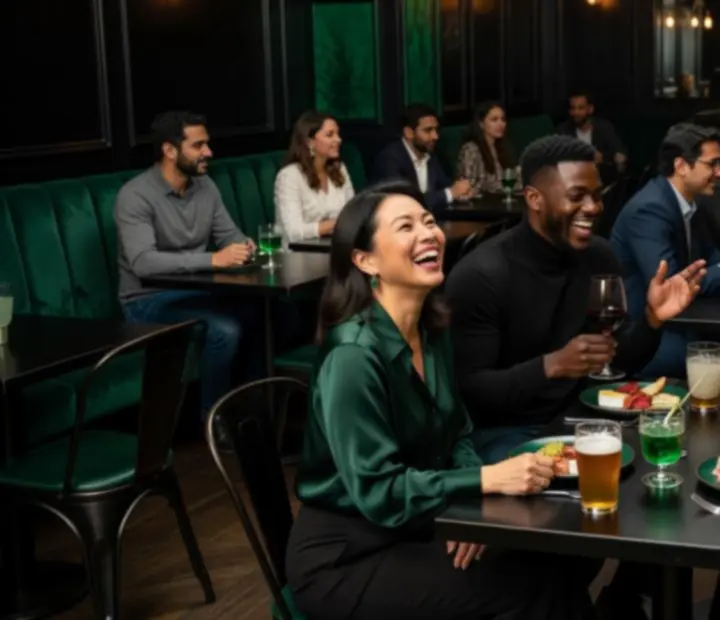 Vendégek nevetnek és beszélgetnek a Valasztasplusz klubhangulatú lounge terében, koktélokkal az asztalon.