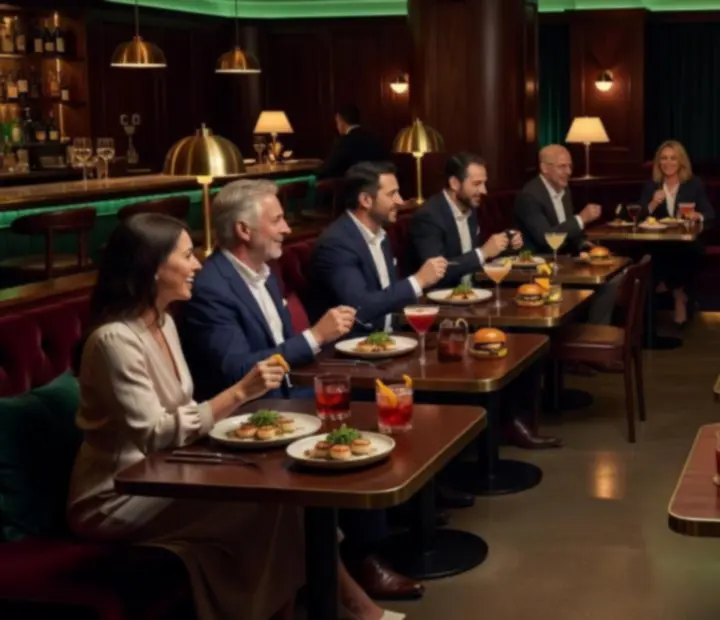 Barátok egy hangulatos emerald-zöld lounge-ban koktélokkal és bar-bite falatokkal